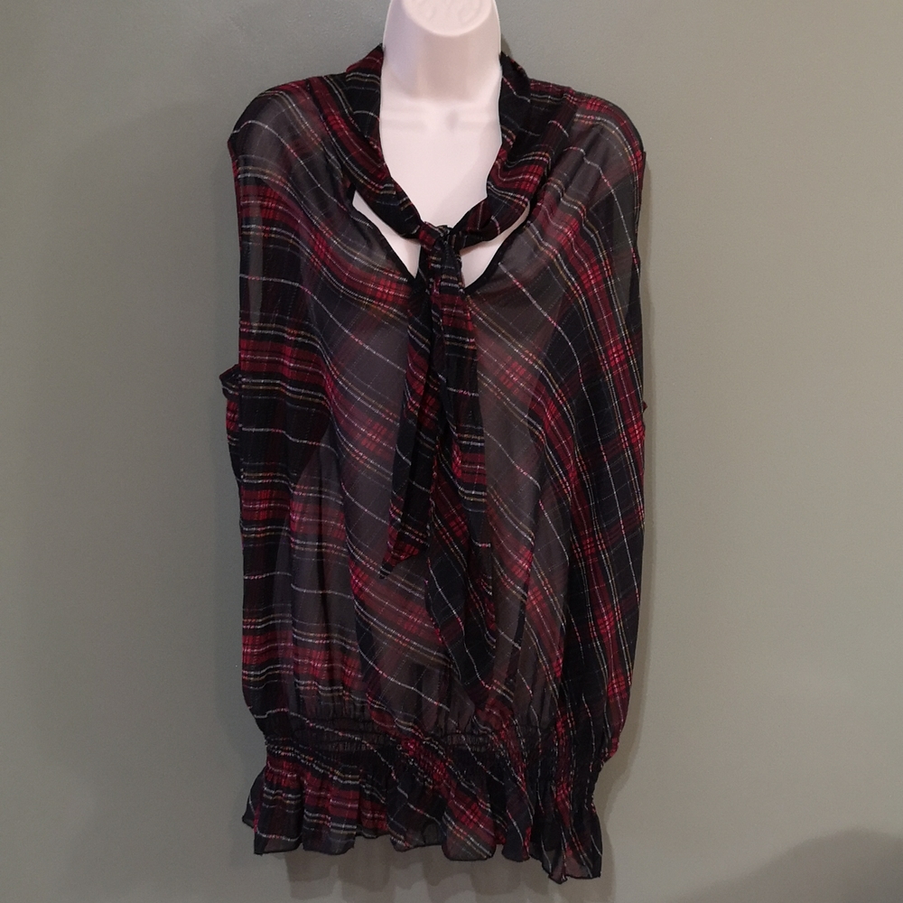 Torrid Sleeveless Sheer Plaid Tie Neck Banded Fashion Top Sz 3
